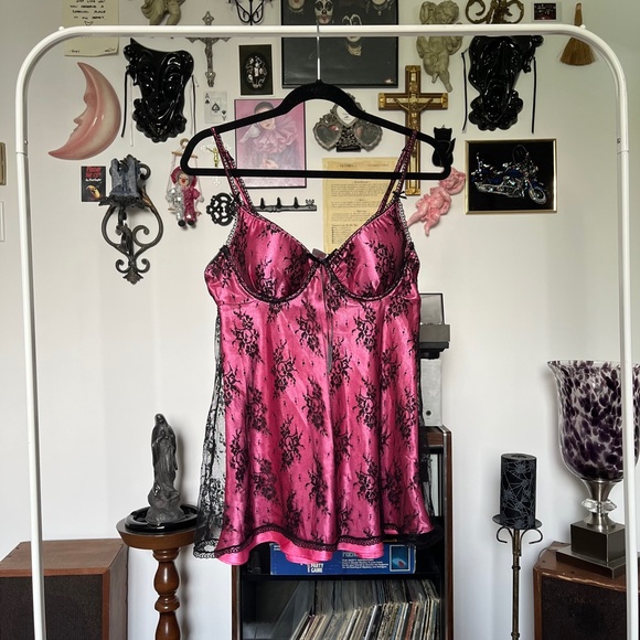 Y2K Bustier Cami Pink Black Lace Slip Top Vintage - Picture 1 of 5